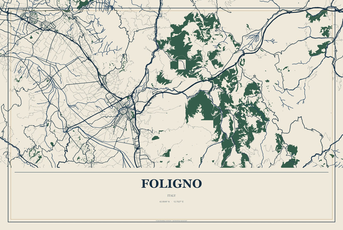 Foligno, Italy City Map Aluminum Sign in Coastal Cutout style