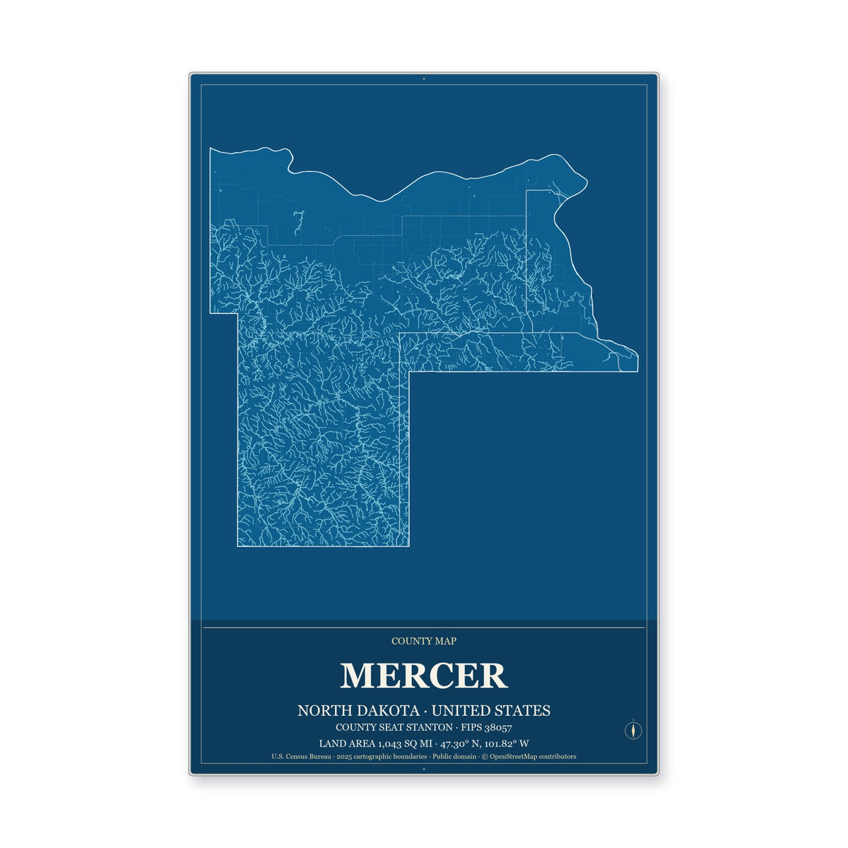 Mercer County, North Dakota Map Aluminum Sign in Harbor Cobalt style