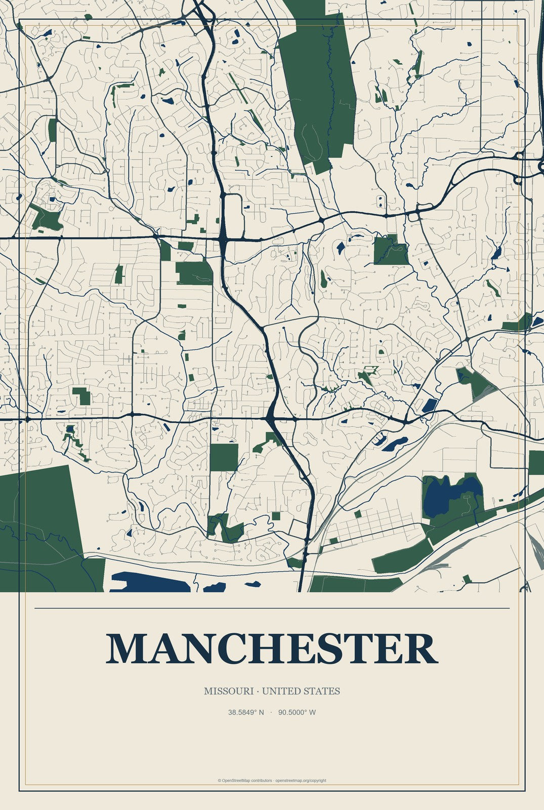 Manchester, Missouri City Map Aluminum Sign in Coastal Cutout style