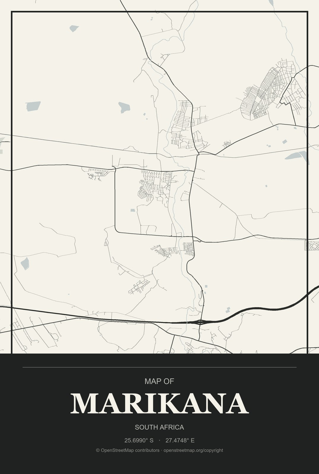 Marikana, South Africa City Map Aluminum Sign in Museum Plaque style