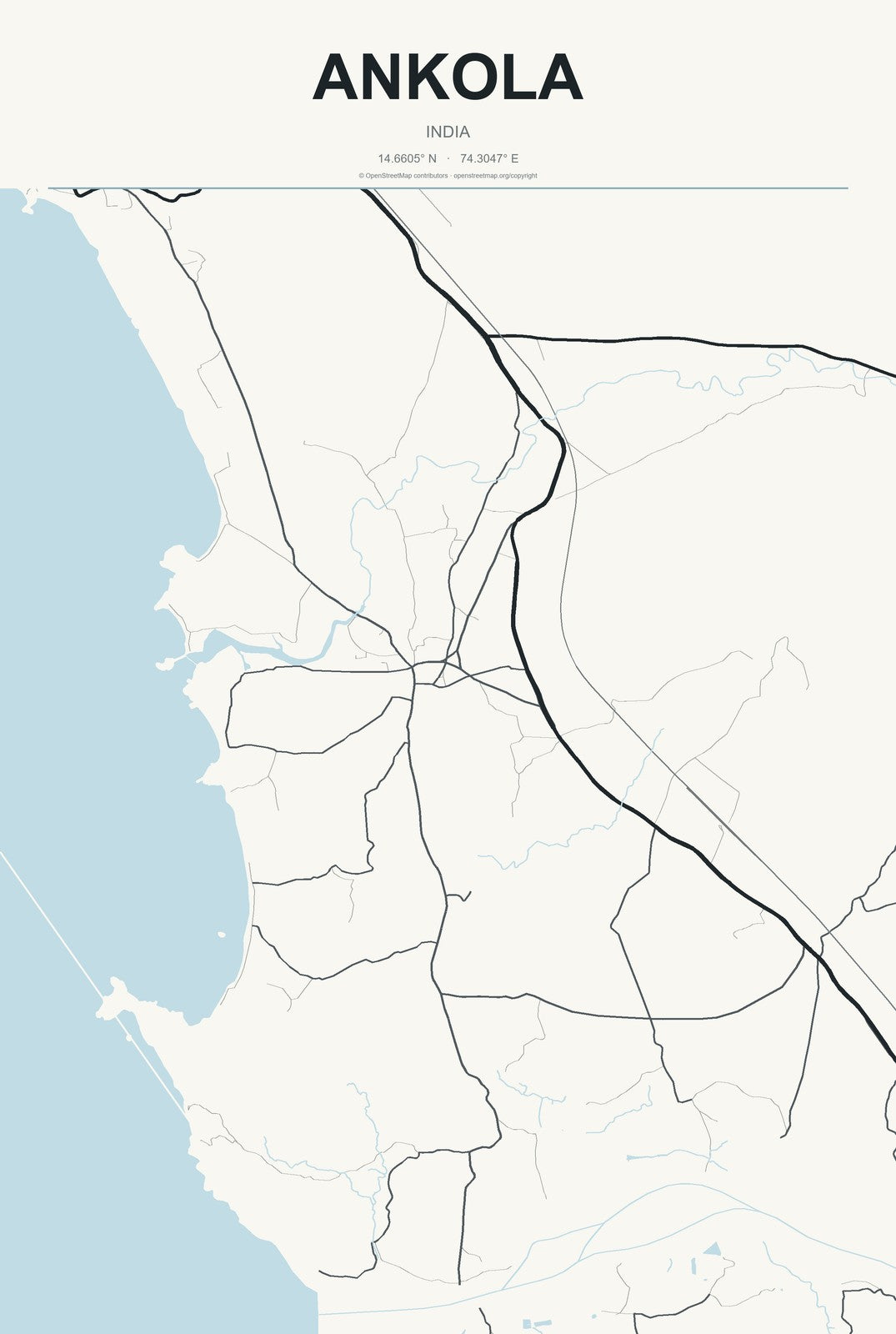 Ankola, India City Map Aluminum Sign in Headline Atlas style