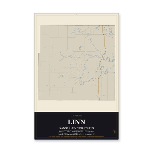Linn County, Kansas Map Aluminum Sign in Museum Plaque style