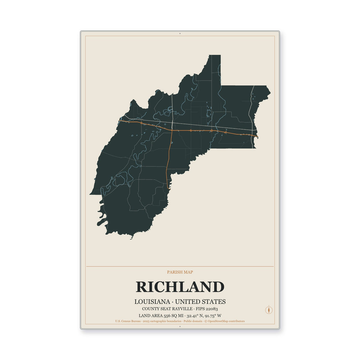 Richland Parish, Louisiana Map Aluminum Sign in Headline Atlas style