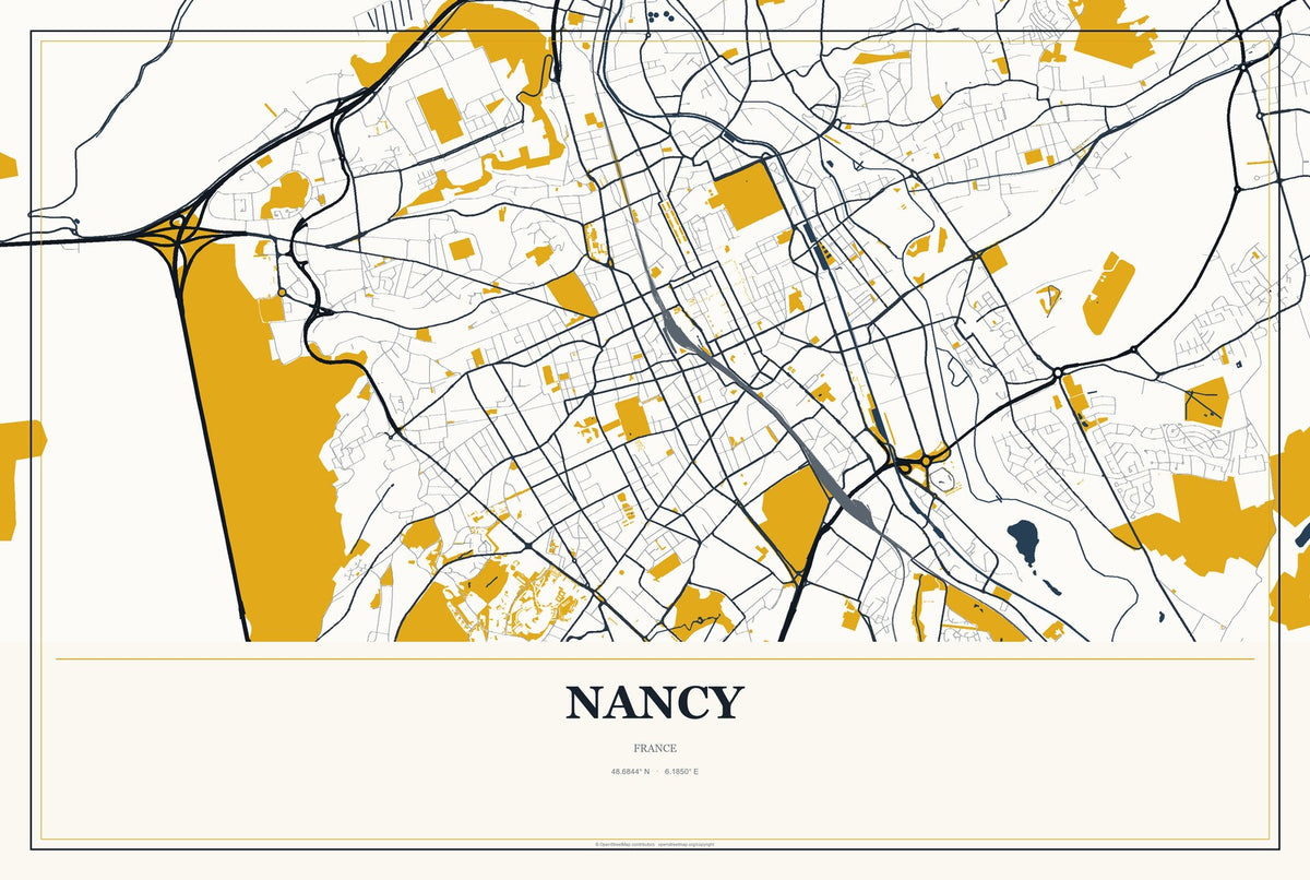 Nancy, France City Map Aluminum Sign in Citrine Modern style