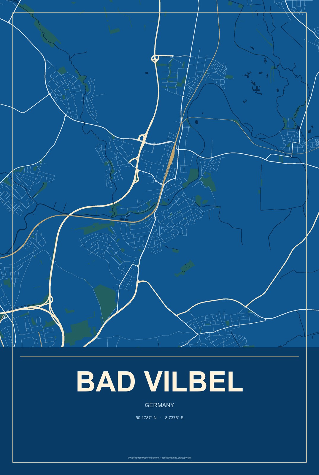Bad Vilbel, Germany City Map Aluminum Sign in Harbor Cobalt style