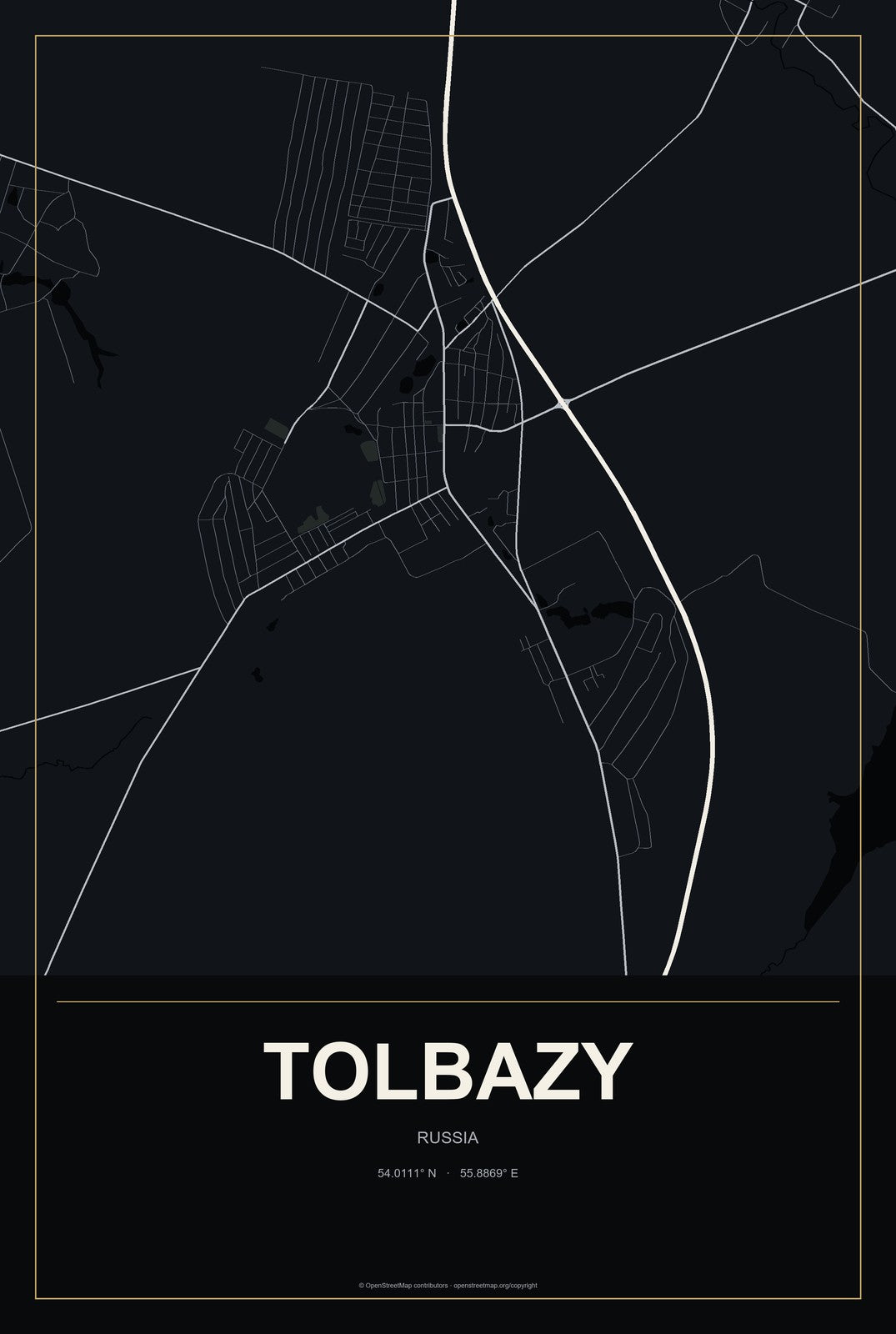 Tolbazy, Russia City Map Aluminum Sign in Metropolitan Noir style