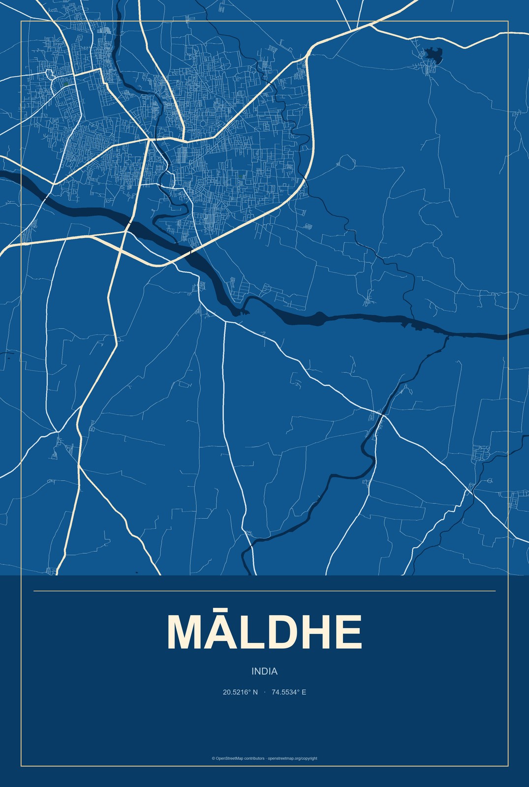 Māldhe, India City Map Aluminum Sign in Harbor Cobalt style