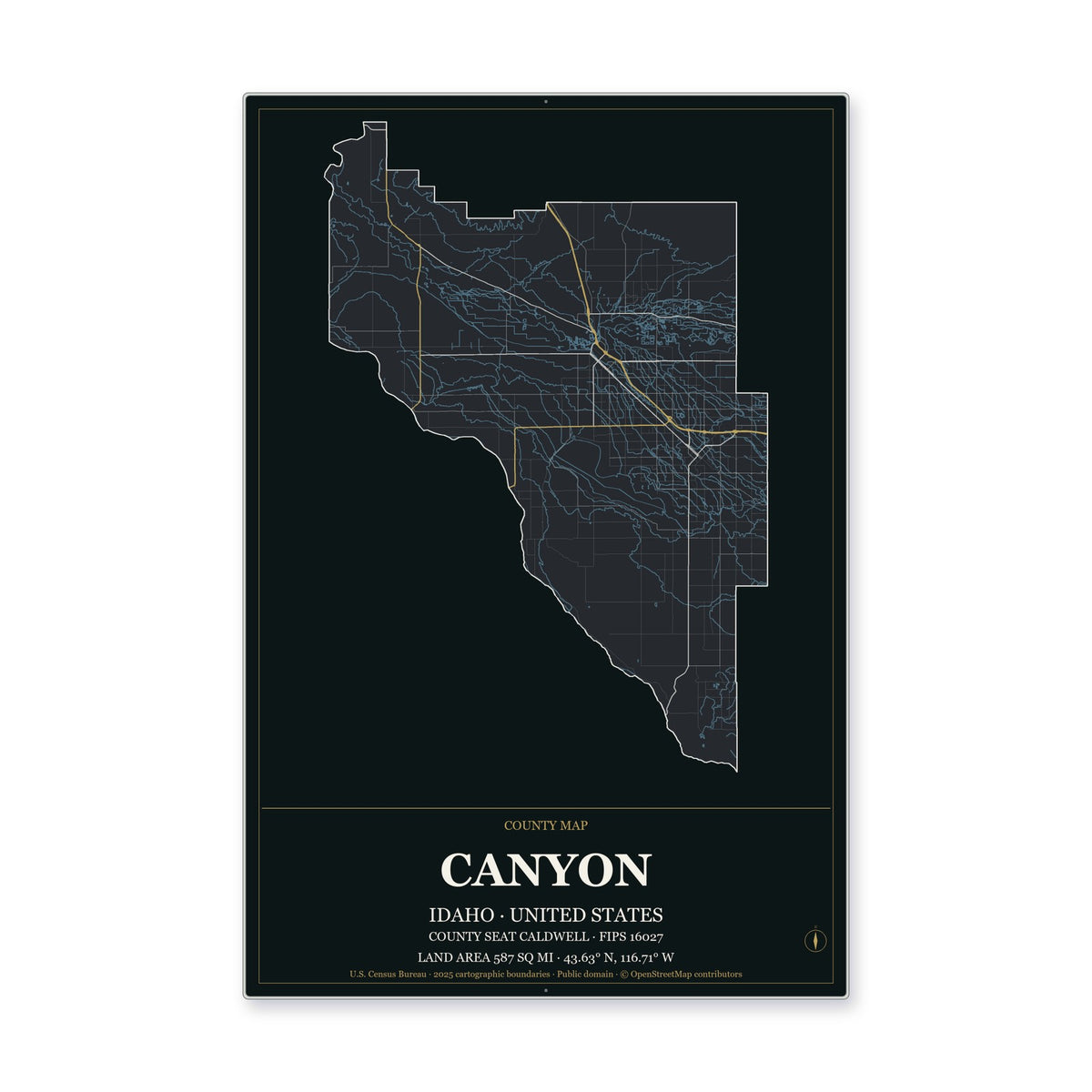 Canyon County, Idaho Map Aluminum Sign in Metropolitan Noir style