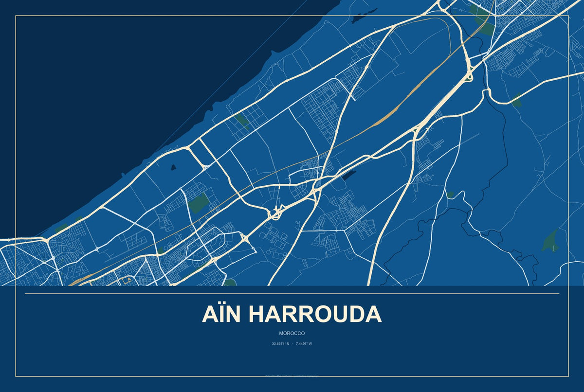 Aïn Harrouda, Morocco City Map Aluminum Sign in Harbor Cobalt style