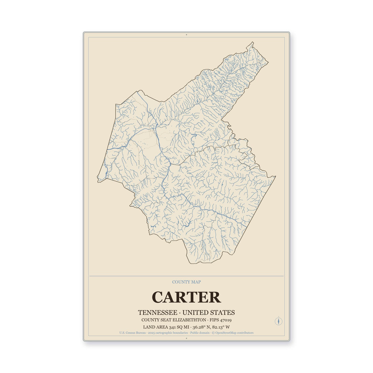 Carter County, Tennessee Map Aluminum Sign in Heritage Nautical style