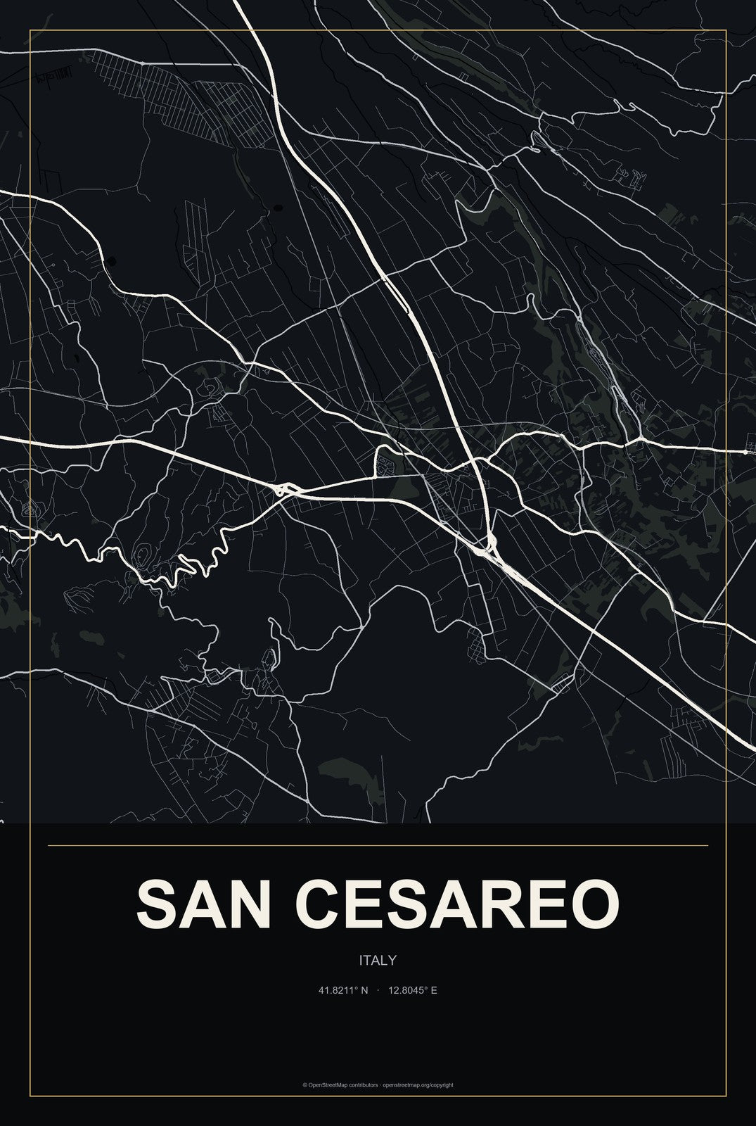 San Cesareo, Italy City Map Aluminum Sign in Metropolitan Noir style