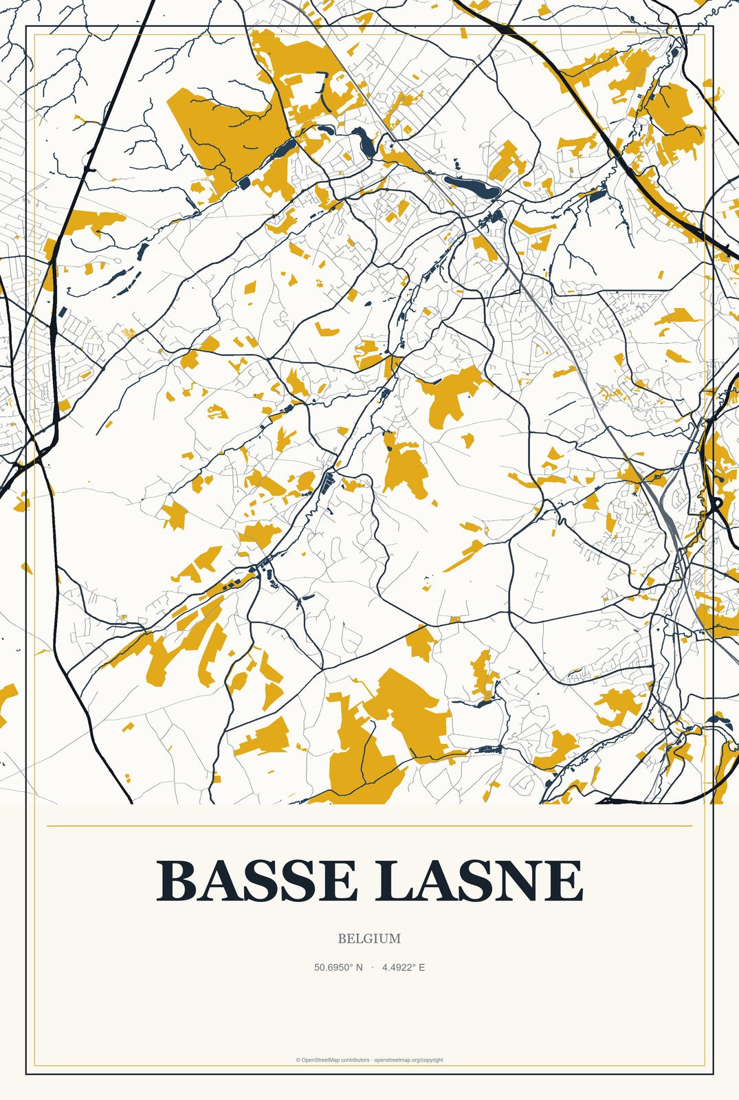 Basse Lasne, Belgium City Map Aluminum Sign in Citrine Modern style
