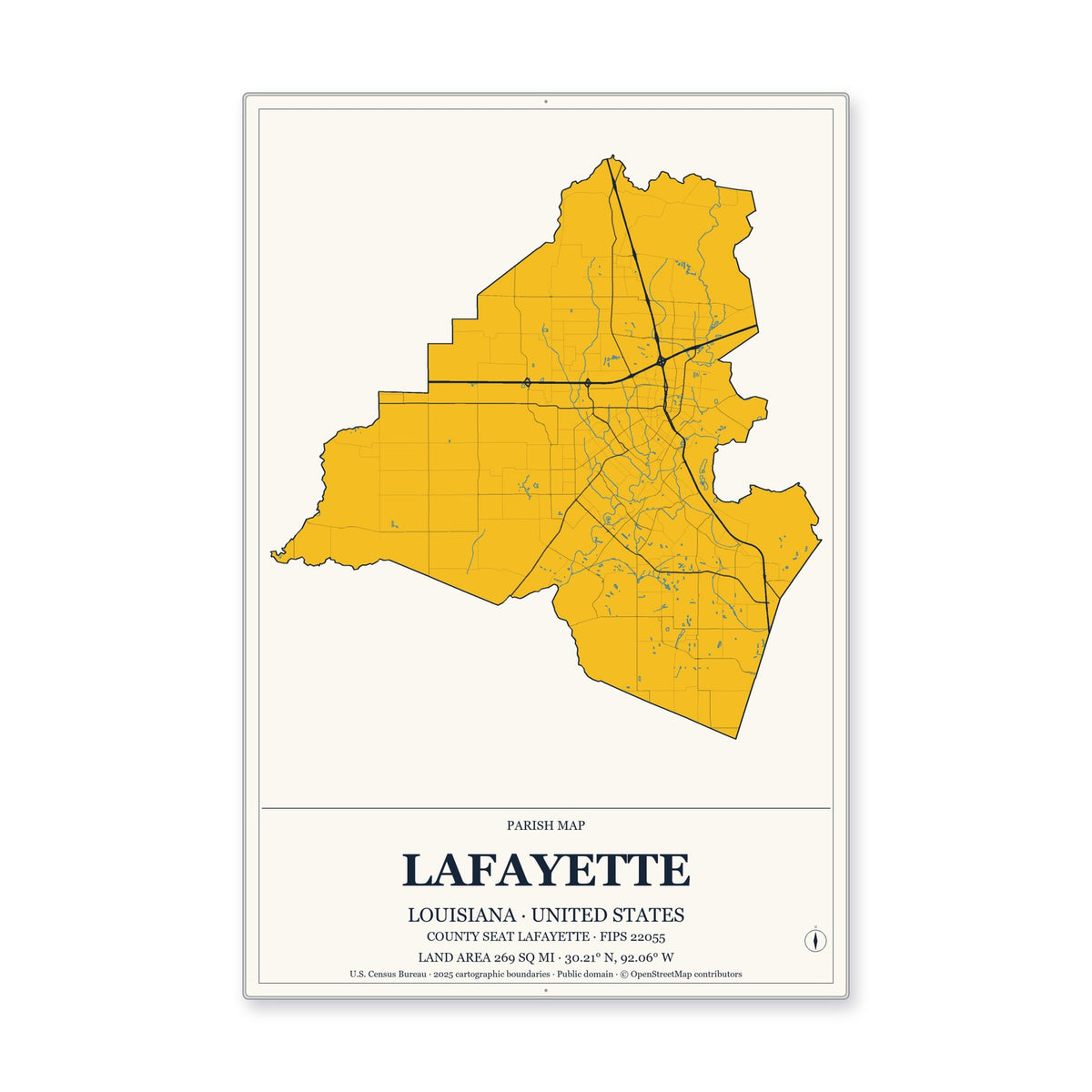 Lafayette Parish, Louisiana Map Aluminum Sign in Citrine Modern style