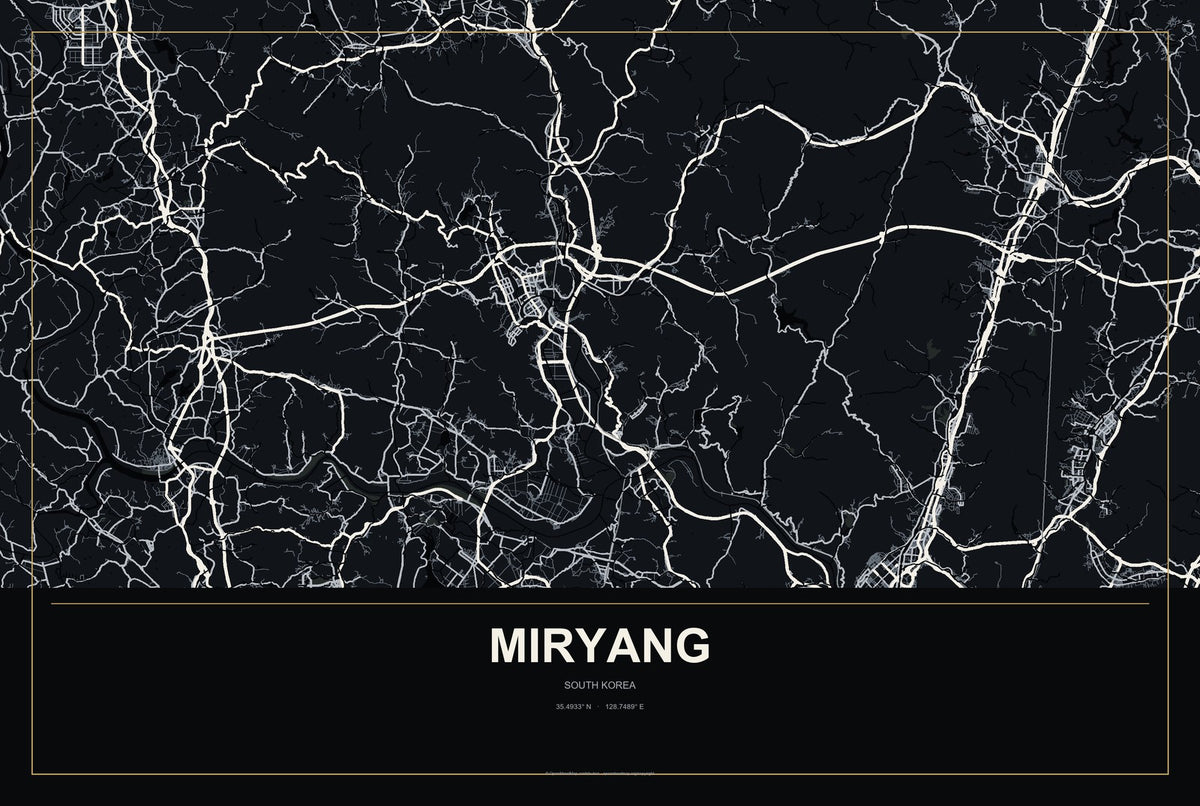 Miryang, South Korea City Map Aluminum Sign in Metropolitan Noir style