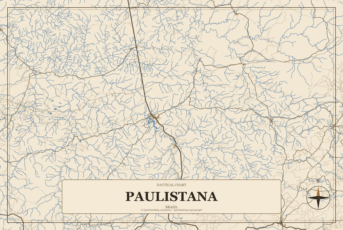 Paulistana, Brazil City Map Aluminum Sign in Heritage Nautical style