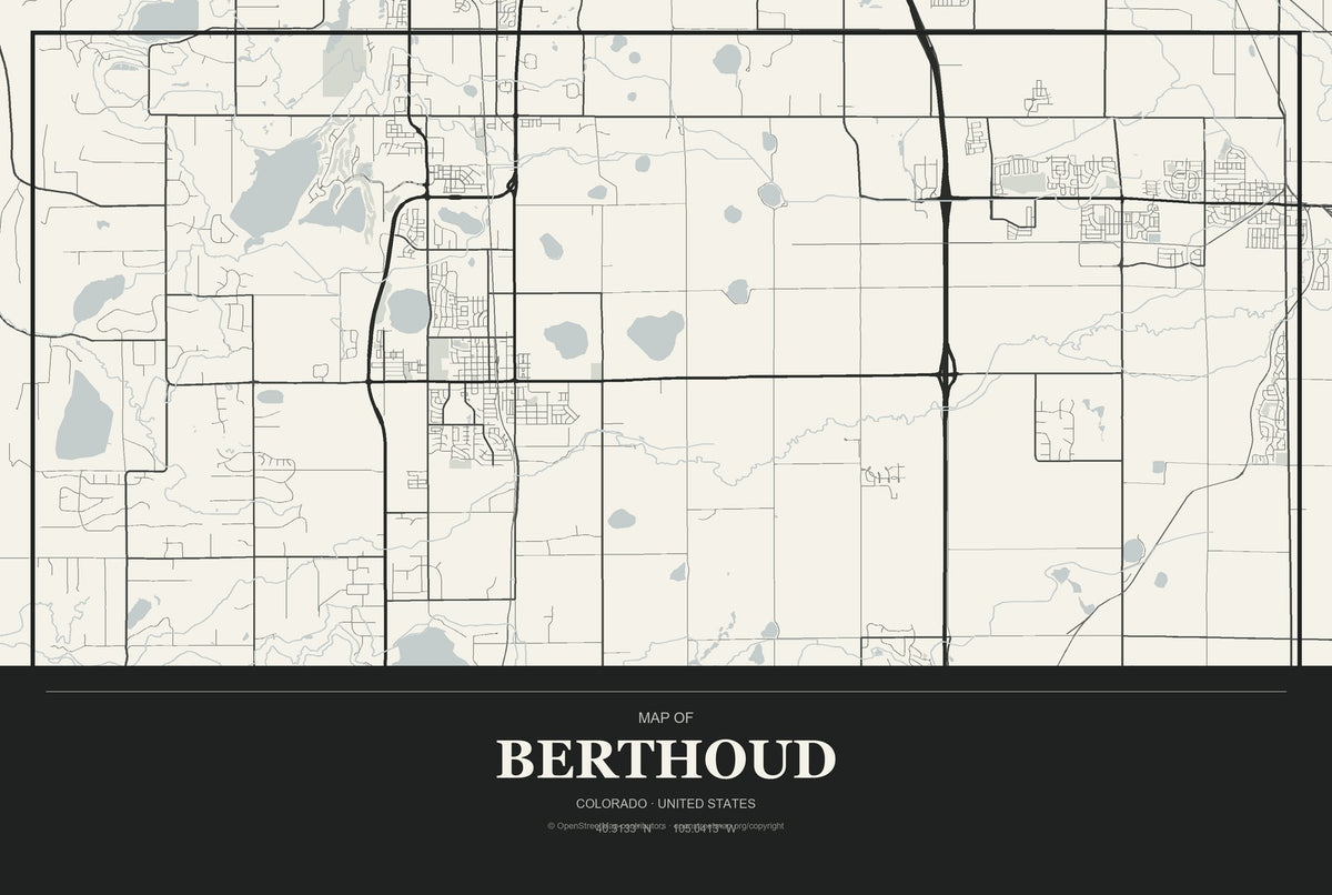 Berthoud, Colorado City Map Aluminum Sign in Museum Plaque style