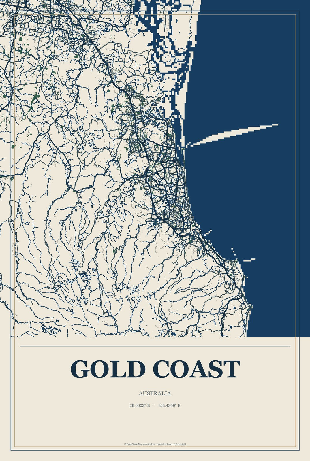 Gold Coast, Australia City Map Aluminum Sign in Coastal Cutout style