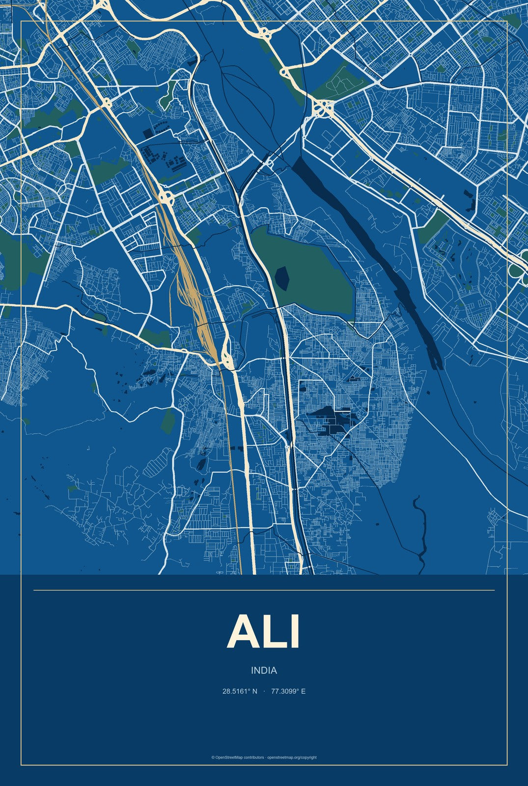 Ali, India City Map Aluminum Sign in Harbor Cobalt style