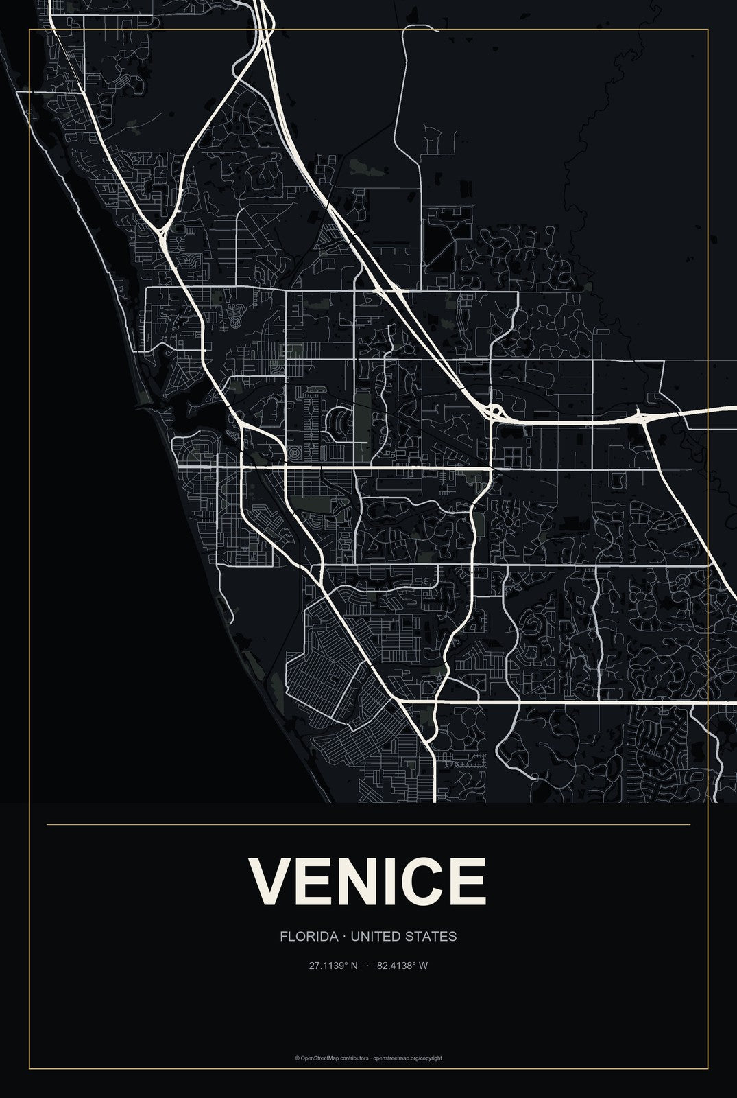 Venice, Florida City Map Aluminum Sign in Metropolitan Noir style