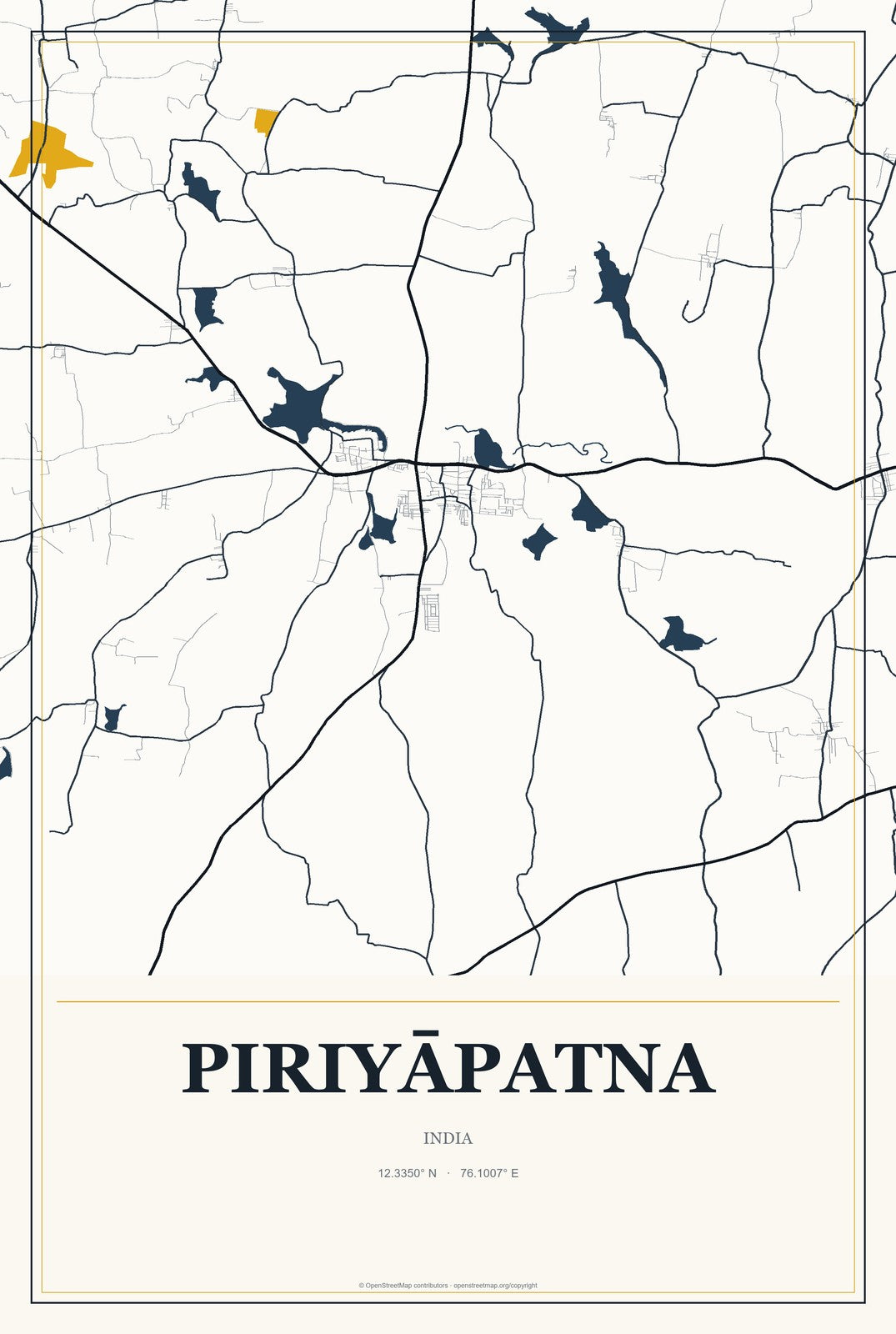 Piriyāpatna, India City Map Aluminum Sign in Citrine Modern style