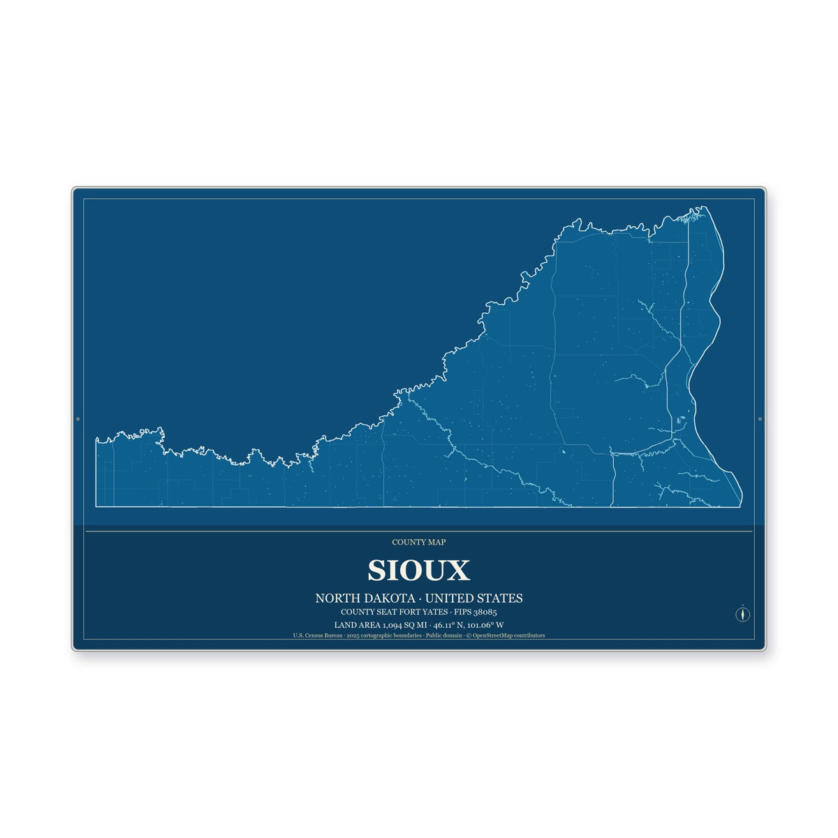 Sioux County, North Dakota Map Aluminum Sign in Harbor Cobalt style