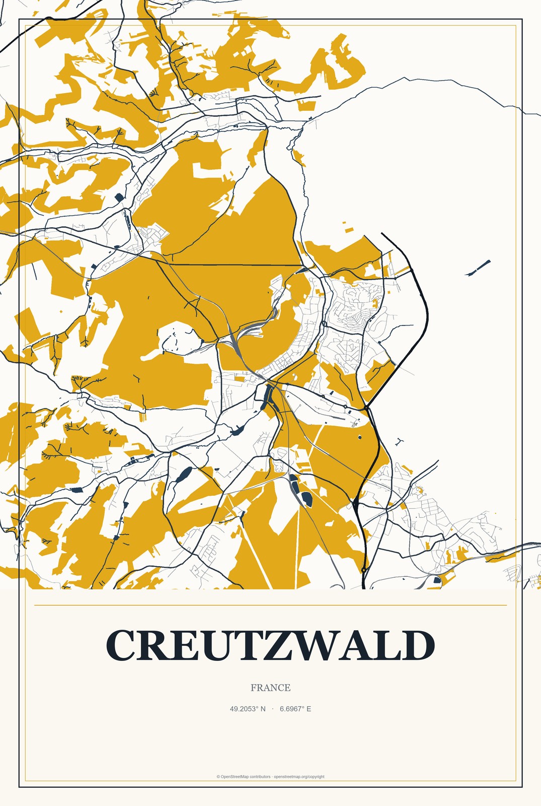 Creutzwald, France City Map Aluminum Sign in Citrine Modern style