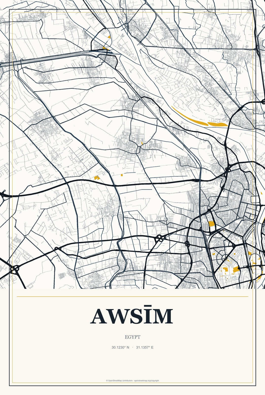 Awsīm, Egypt City Map Aluminum Sign in Citrine Modern style