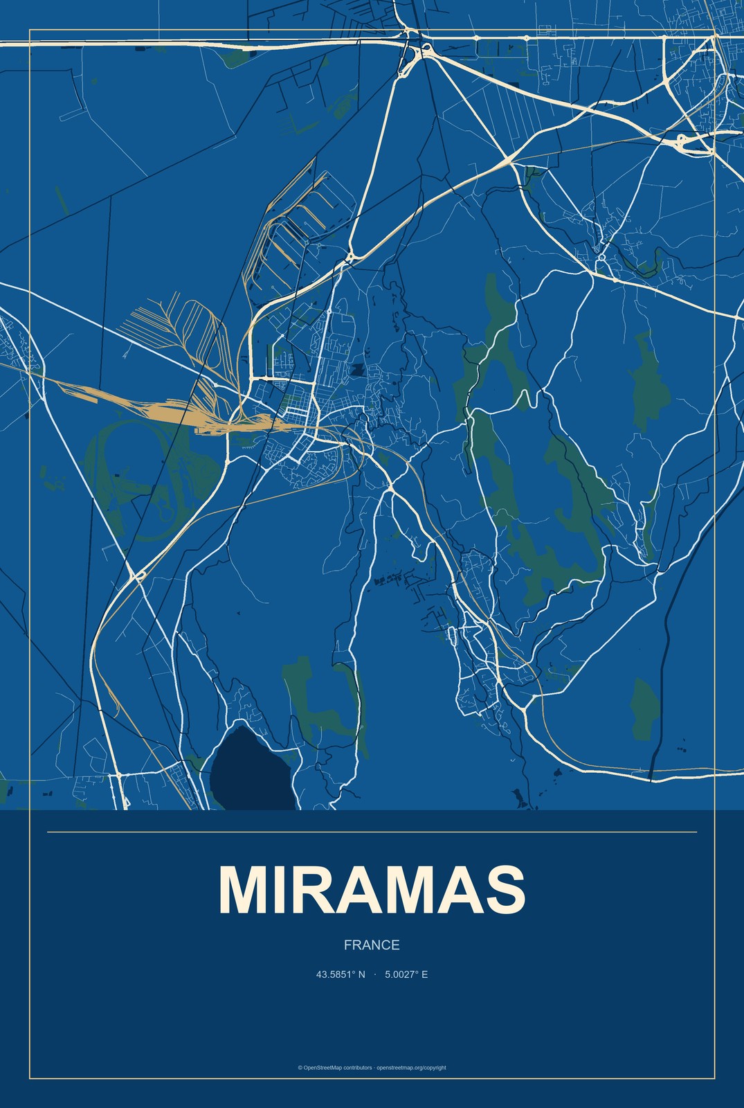 Miramas, France City Map Aluminum Sign in Harbor Cobalt style