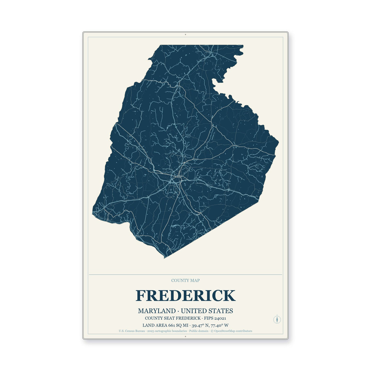 Frederick County, Maryland Map Aluminum Sign in Coastal Cutout style