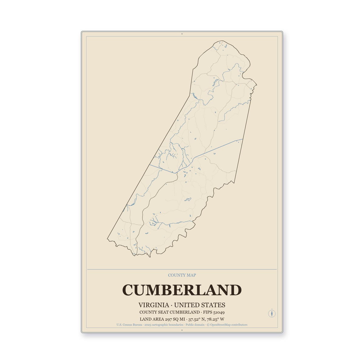 Cumberland County, Virginia Map Aluminum Sign in Heritage Nautical style