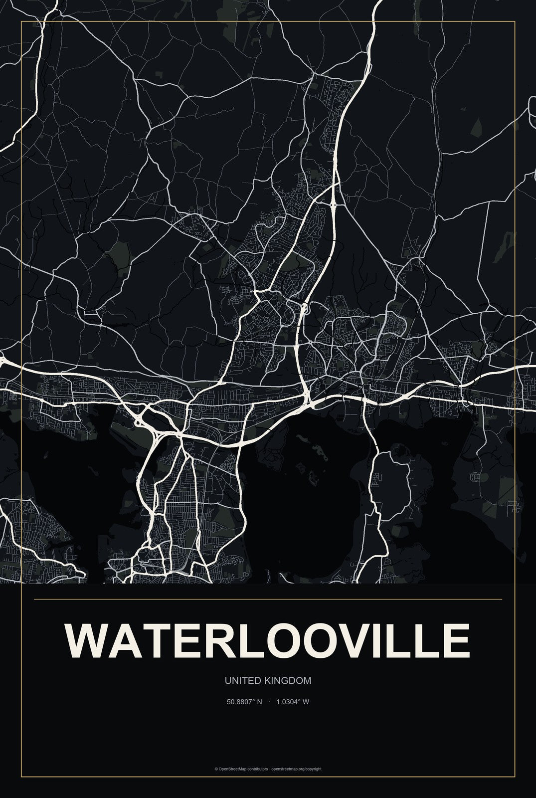 Waterlooville, United Kingdom City Map Aluminum Sign in Metropolitan Noir style