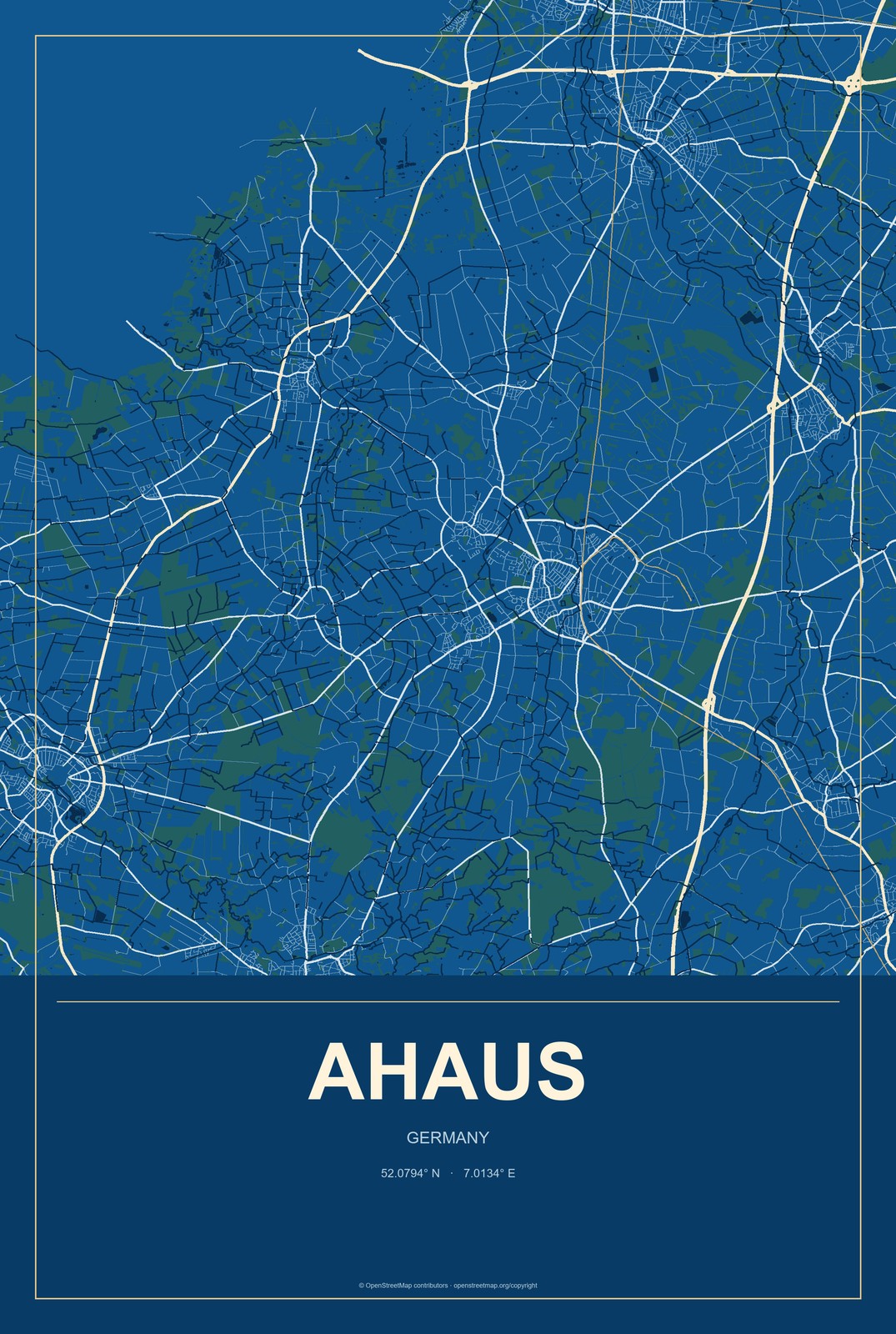 Ahaus, Germany City Map Aluminum Sign in Harbor Cobalt style