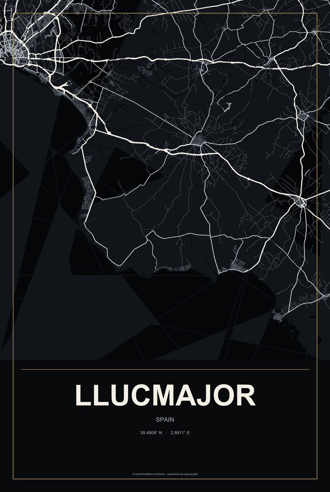 Llucmajor, Spain City Map Aluminum Sign in Metropolitan Noir style