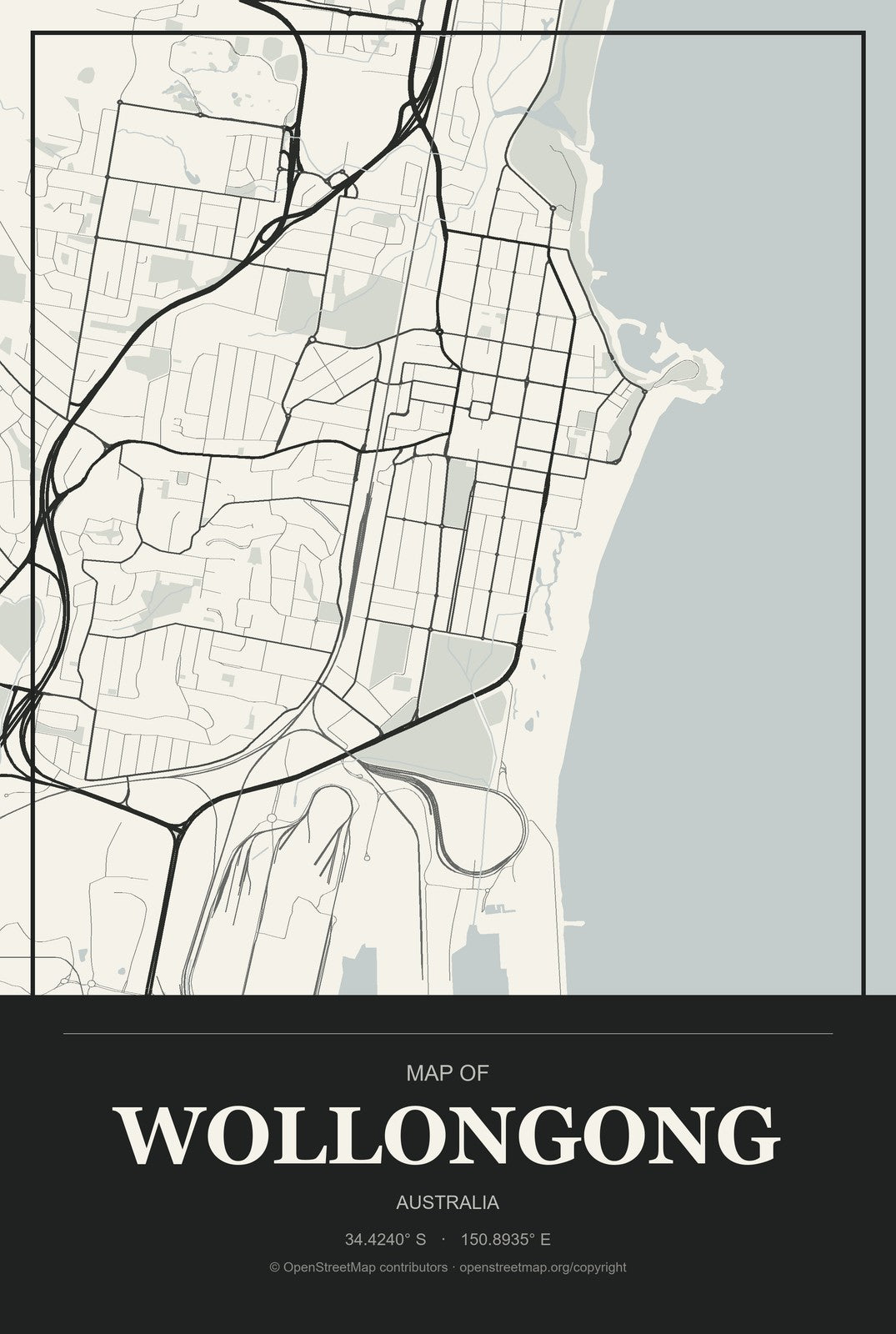 Wollongong, Australia City Map Aluminum Sign in Museum Plaque style