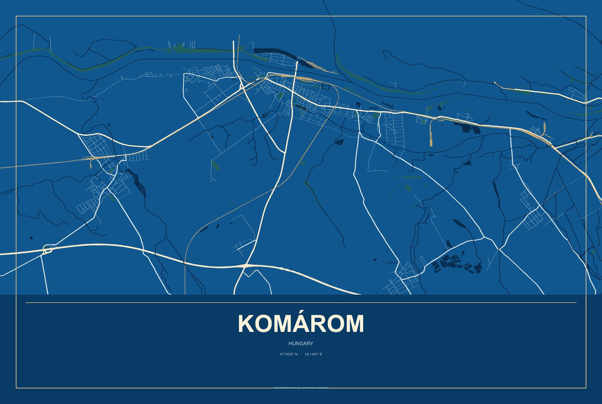 Komárom, Hungary City Map Aluminum Sign in Harbor Cobalt style