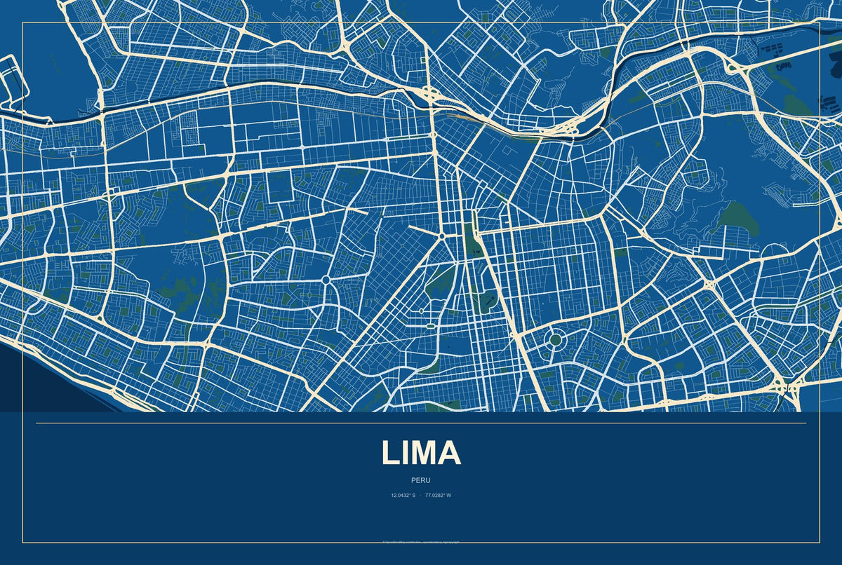 Lima, Peru City Map Aluminum Sign in Harbor Cobalt style
