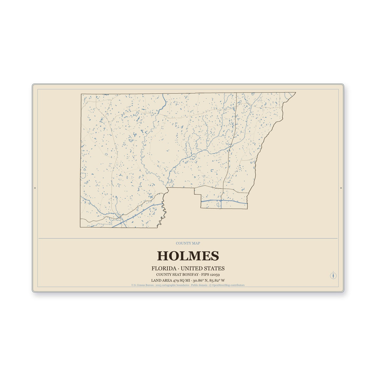 Holmes County, Florida Map Aluminum Sign in Heritage Nautical style