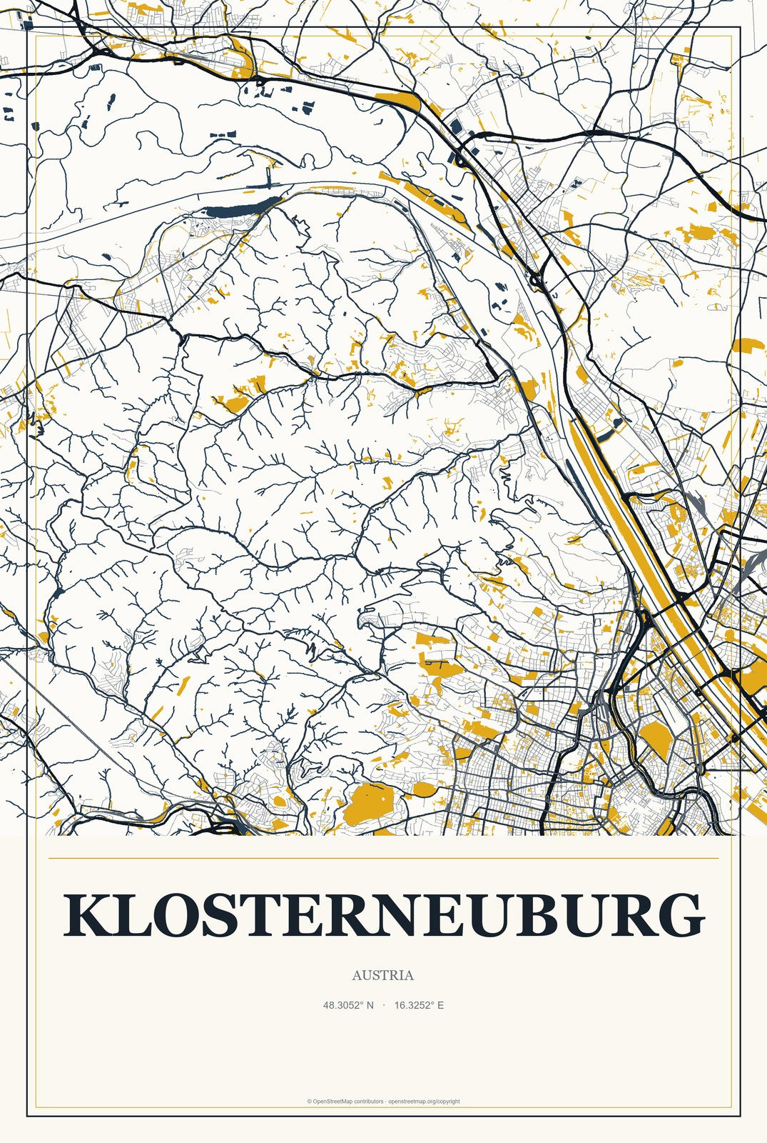 Klosterneuburg, Austria City Map Aluminum Sign in Citrine Modern style