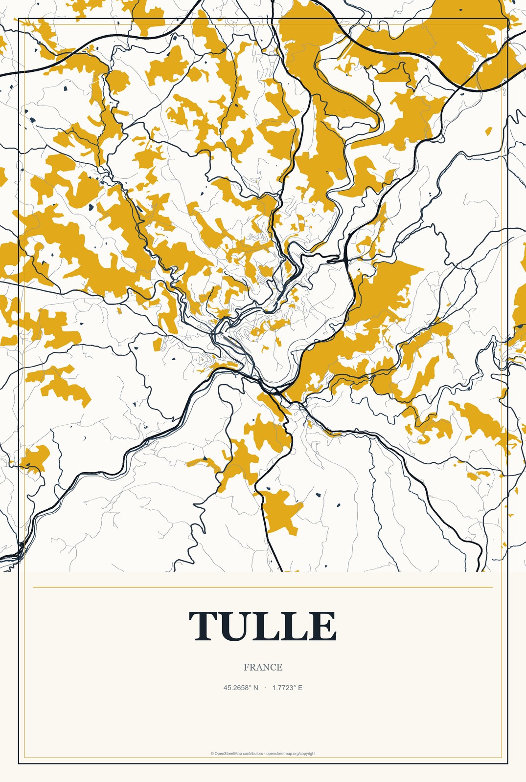 Tulle, France City Map Aluminum Sign in Citrine Modern style