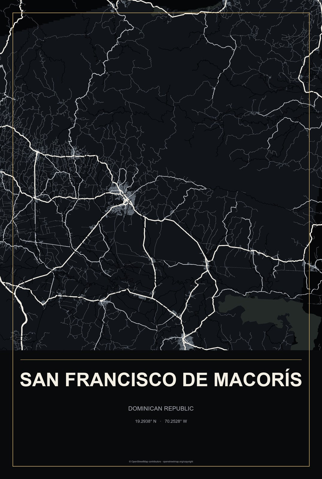 San Francisco de Macorís, Dominican Republic City Map Aluminum Sign in Metropolitan Noir style