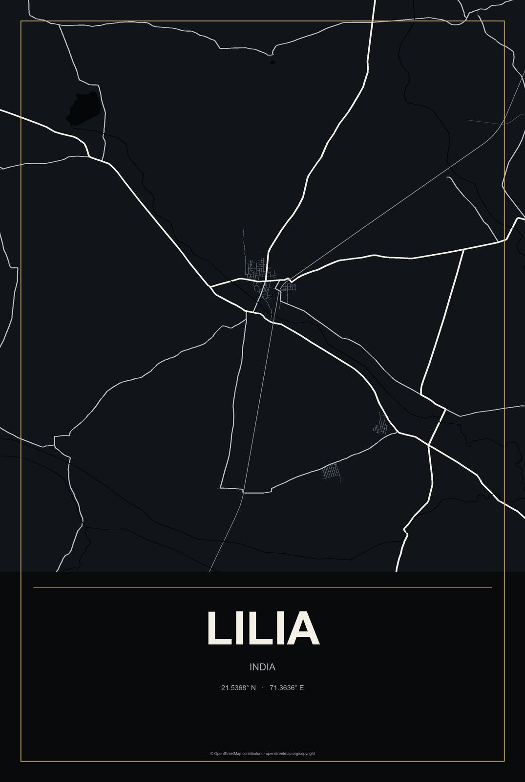 Lilia, India City Map Aluminum Sign in Metropolitan Noir style