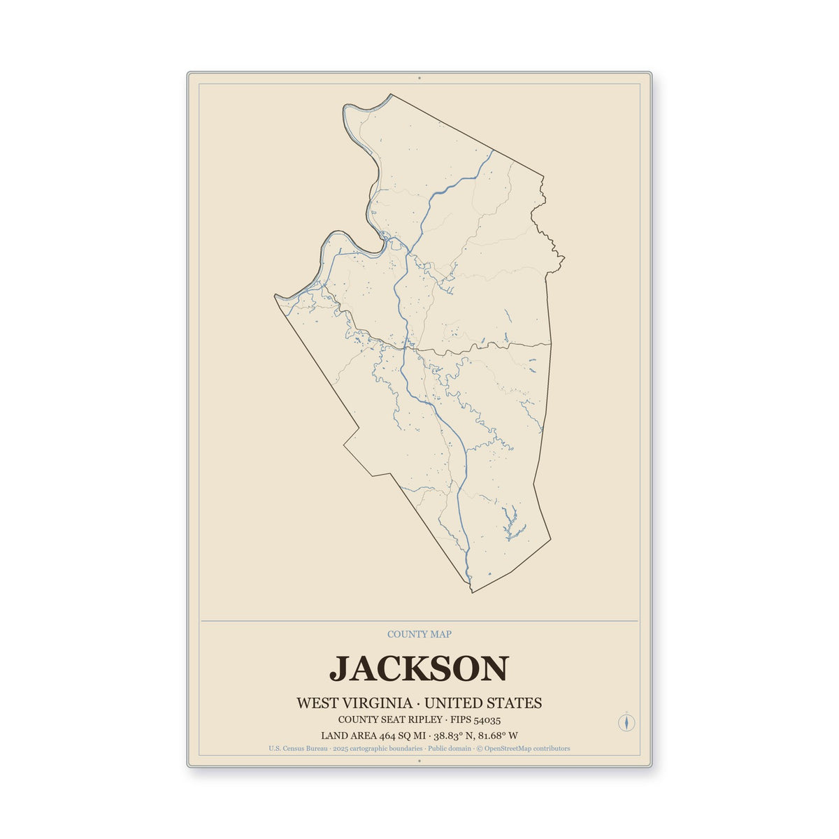 Jackson County, West Virginia Map Aluminum Sign in Heritage Nautical style