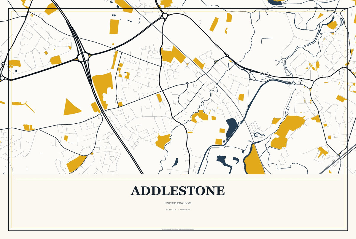 Addlestone, United Kingdom City Map Aluminum Sign in Citrine Modern style