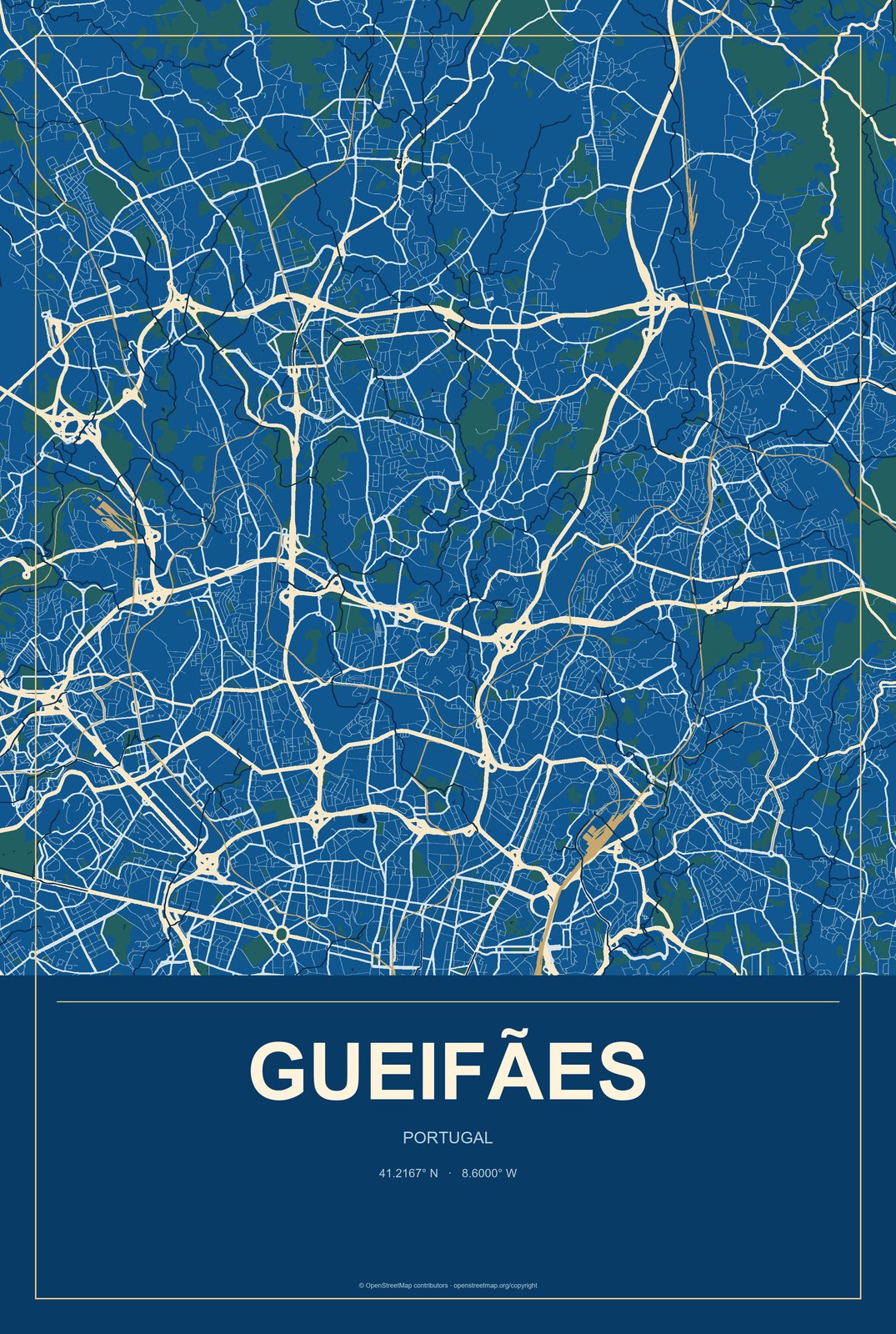 Gueifães, Portugal City Map Aluminum Sign in Harbor Cobalt style