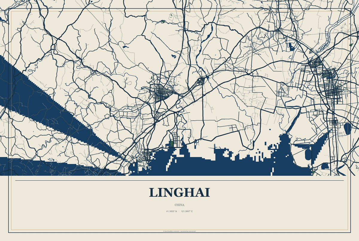 Linghai, China City Map Aluminum Sign in Coastal Cutout style
