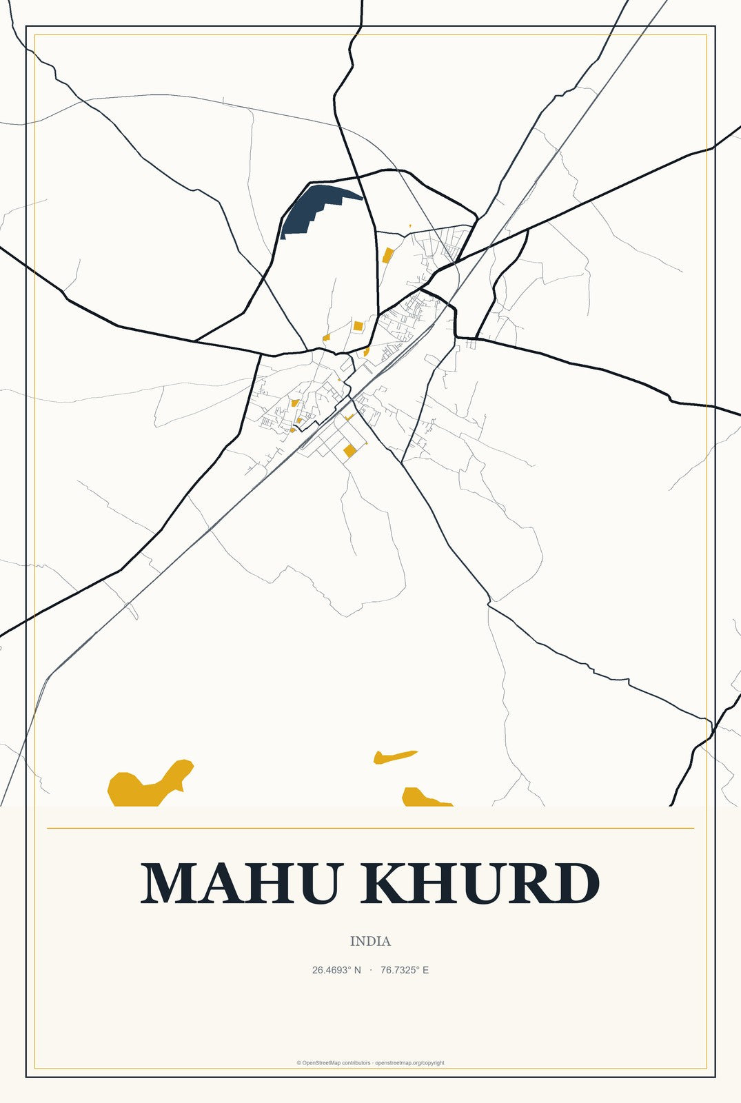 Mahu Khurd, India City Map Aluminum Sign in Citrine Modern style