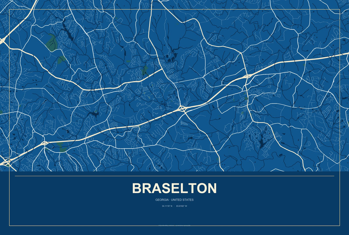 Braselton, Georgia City Map Aluminum Sign in Harbor Cobalt style