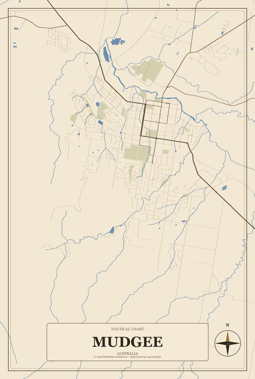 Mudgee, Australia City Map Aluminum Sign in Heritage Nautical style