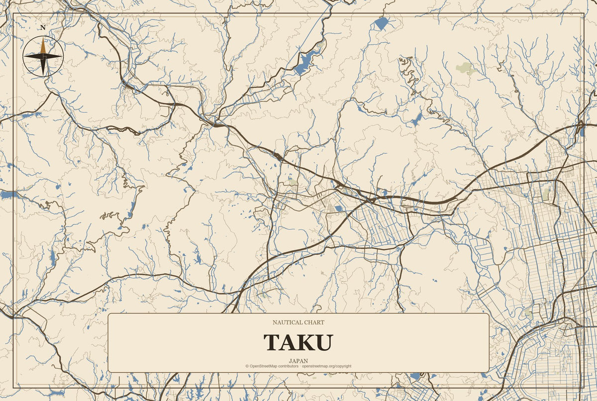 Taku, Japan City Map Aluminum Sign in Heritage Nautical style