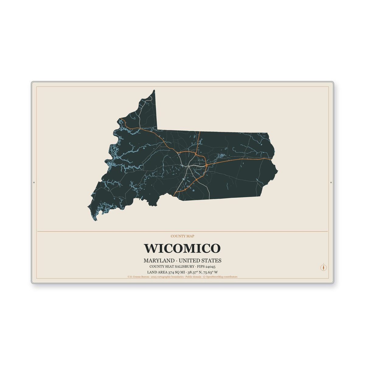 Wicomico County, Maryland Map Aluminum Sign in Headline Atlas style